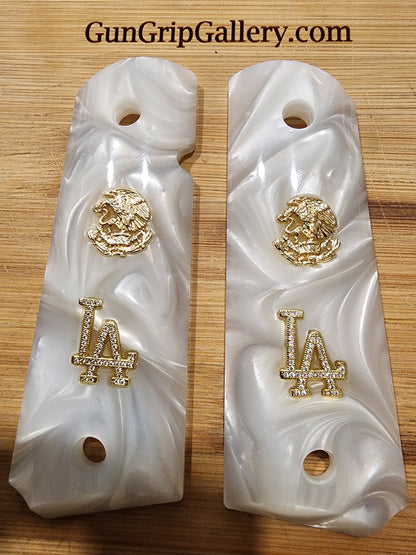 1911 Grips White Pearl with LA Emblem & Mexican Eagle (24k Gold Screws)