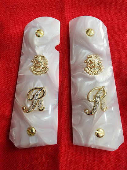 1911 White Pearlite Grips – Custom “R” Letter with Gold Mexican Eagle Inlay 38 super 45 caliber.