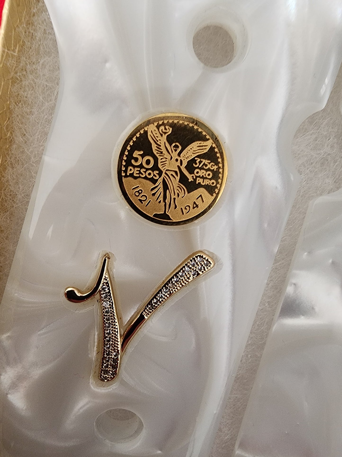 Beretta 92fs - “J” “V” with Mini gold-filled Centenario 24k Gold Plated Inlayed CZ stones - Pearlite Grips 96 Fs M9