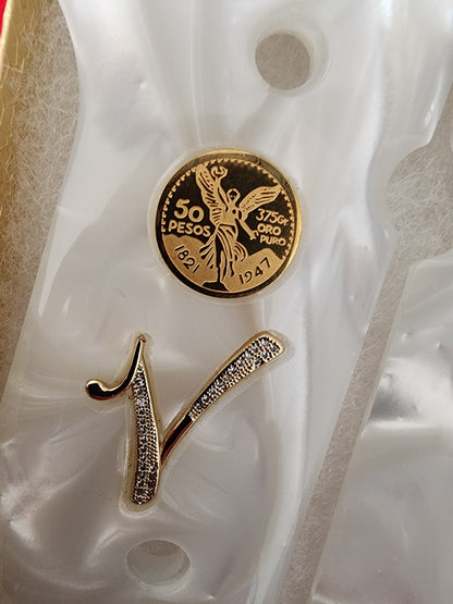 Beretta 92fs - “J” “V” with Mini gold-filled Centenario 24k Gold Plated Inlayed CZ stones - Pearlite Grips 96 Fs M9