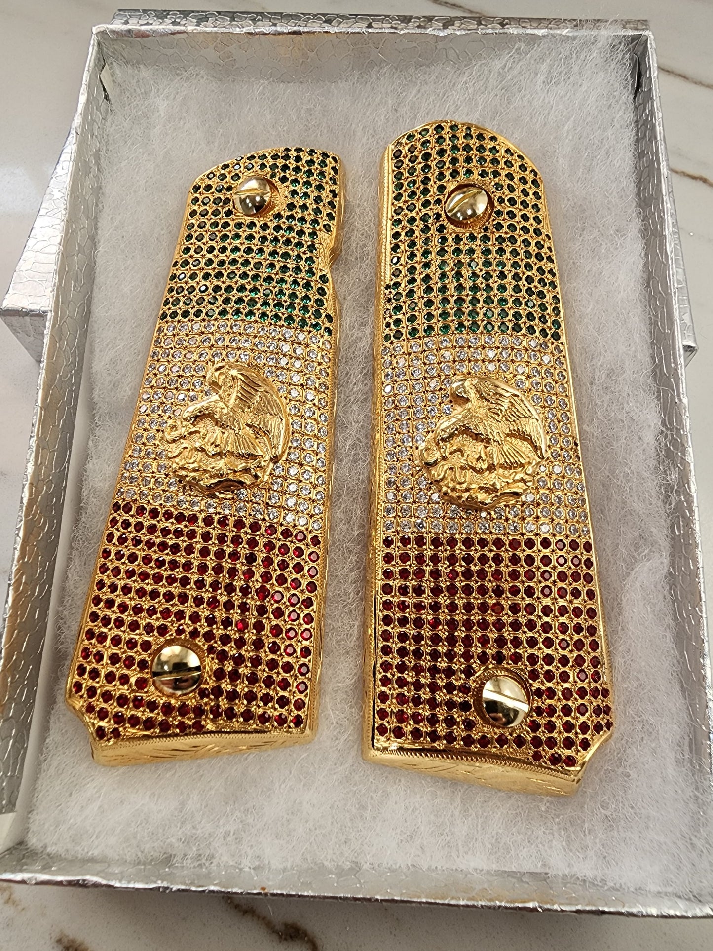 Mexican Flag 1911 Pistol Grips – CZ Stone   Inlay – Full-Size 1911