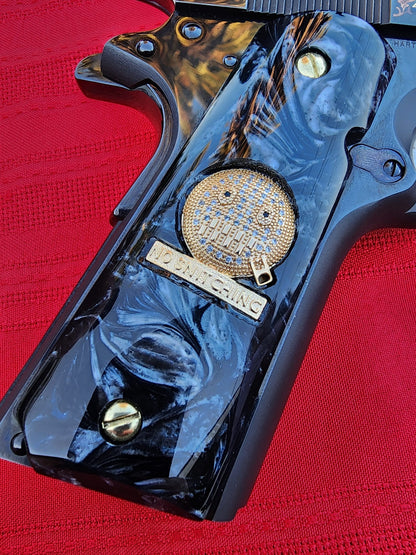 1911 Zipped Face Inlays with CZ Stones & 24K Gold Plated Screws Black Pearlite Grips