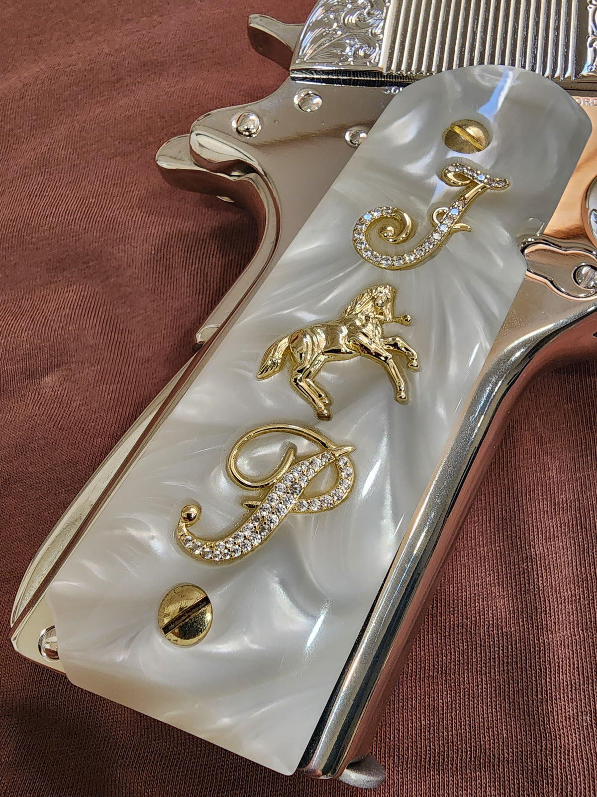 1911 White Pearlite Rampant Horse Gold Plated & Crystal “J & P” Grips – Custom Grips Inlays with 24K Gold Plated Screws