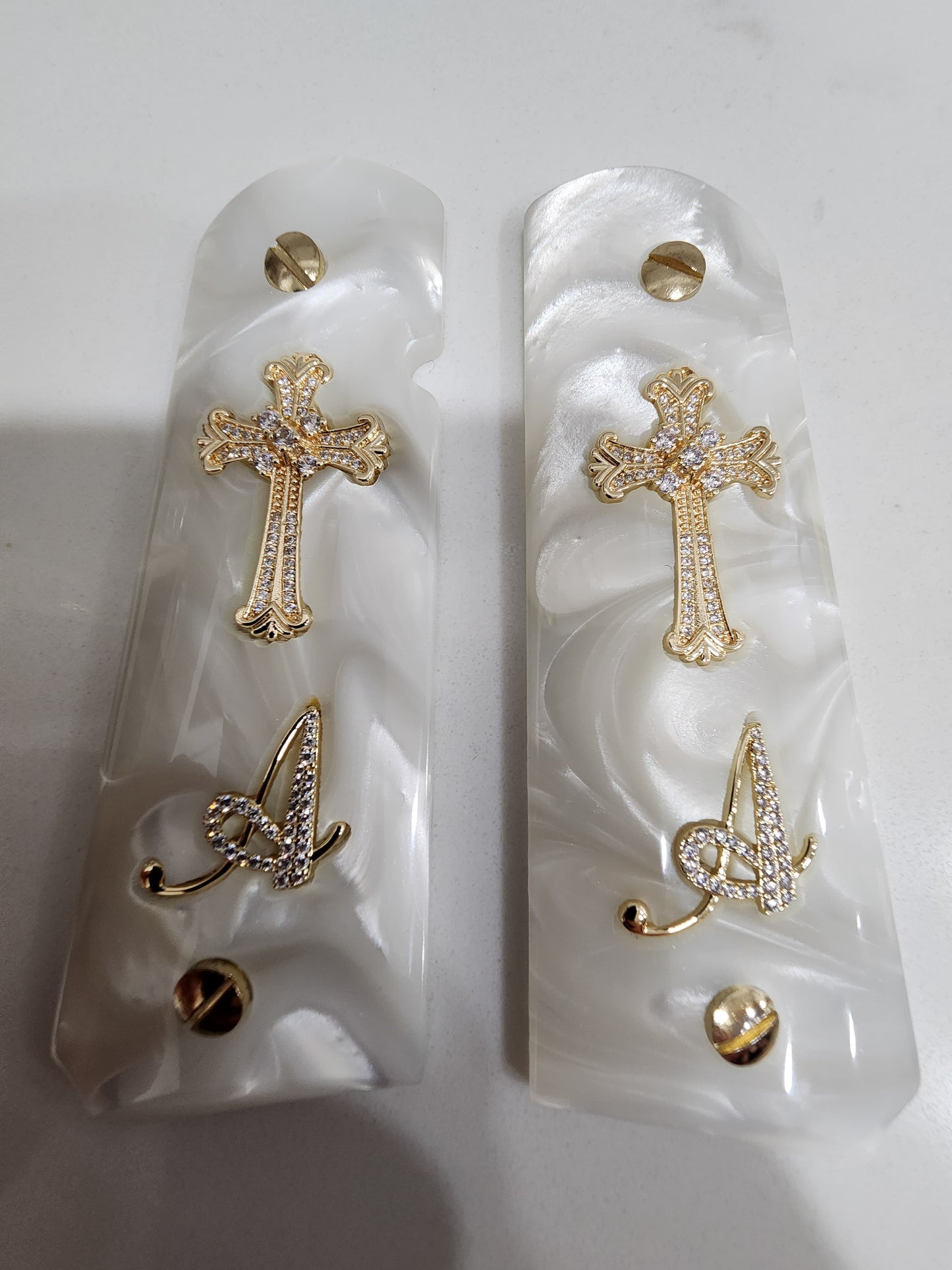 Custom 1911 White Pearlite Grips with Gold Plated Cross CZ & Crystal “A” Initial – Fits Full Size Government & Commander 1911 .45 ACP / .38 Super