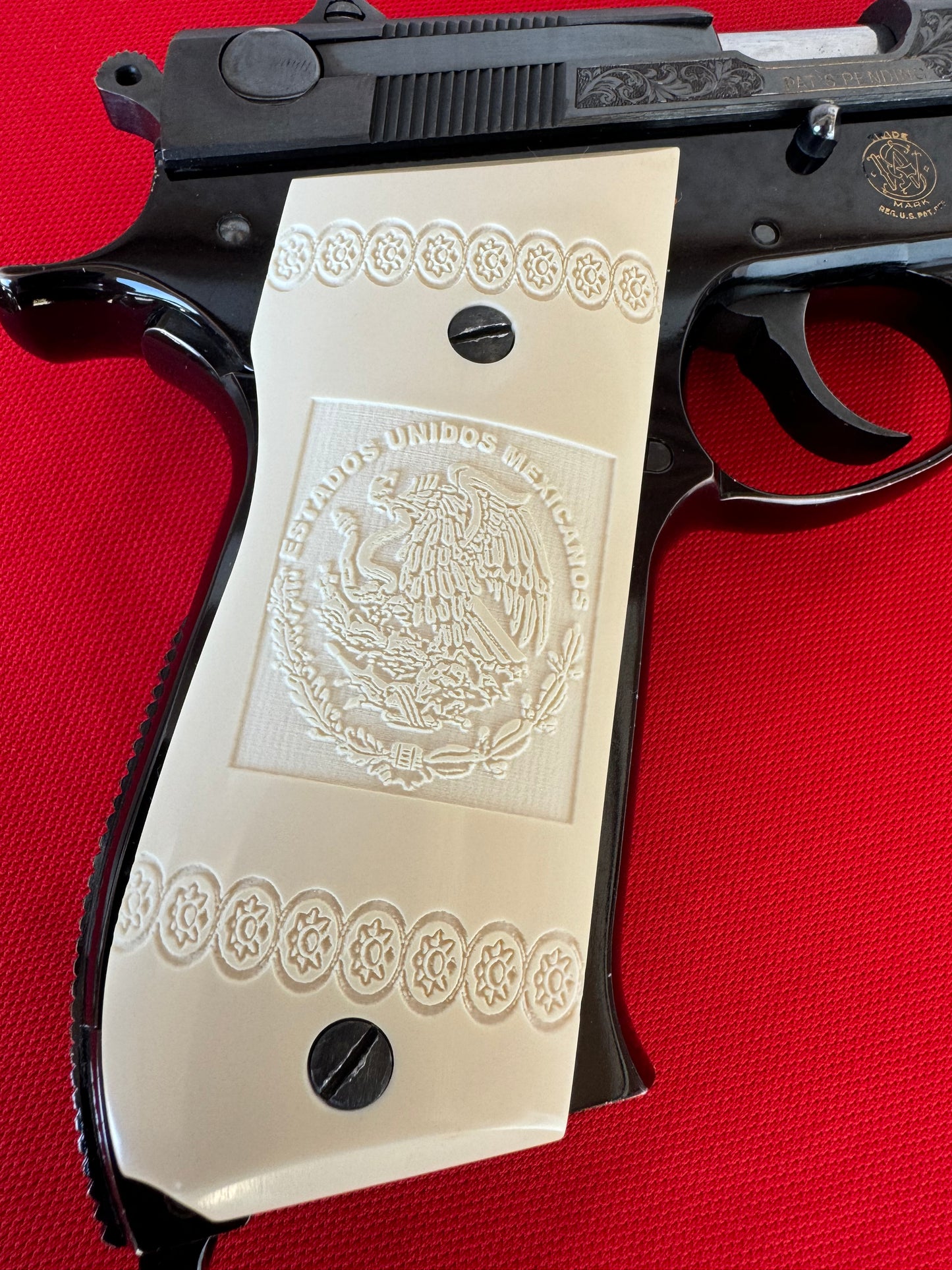 Smith & Wesson 9mm model 39 inlayed Estados Unidos Mexicanos Pistol Grips S&W faux ivory