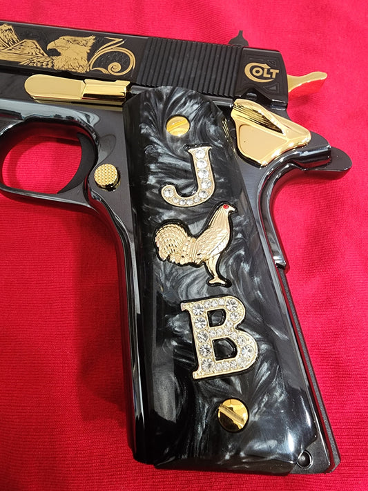1911 Black  Pearlite Grips Gold plated “J” Rooster “B” Inlays with 24K Gold Plated Screws