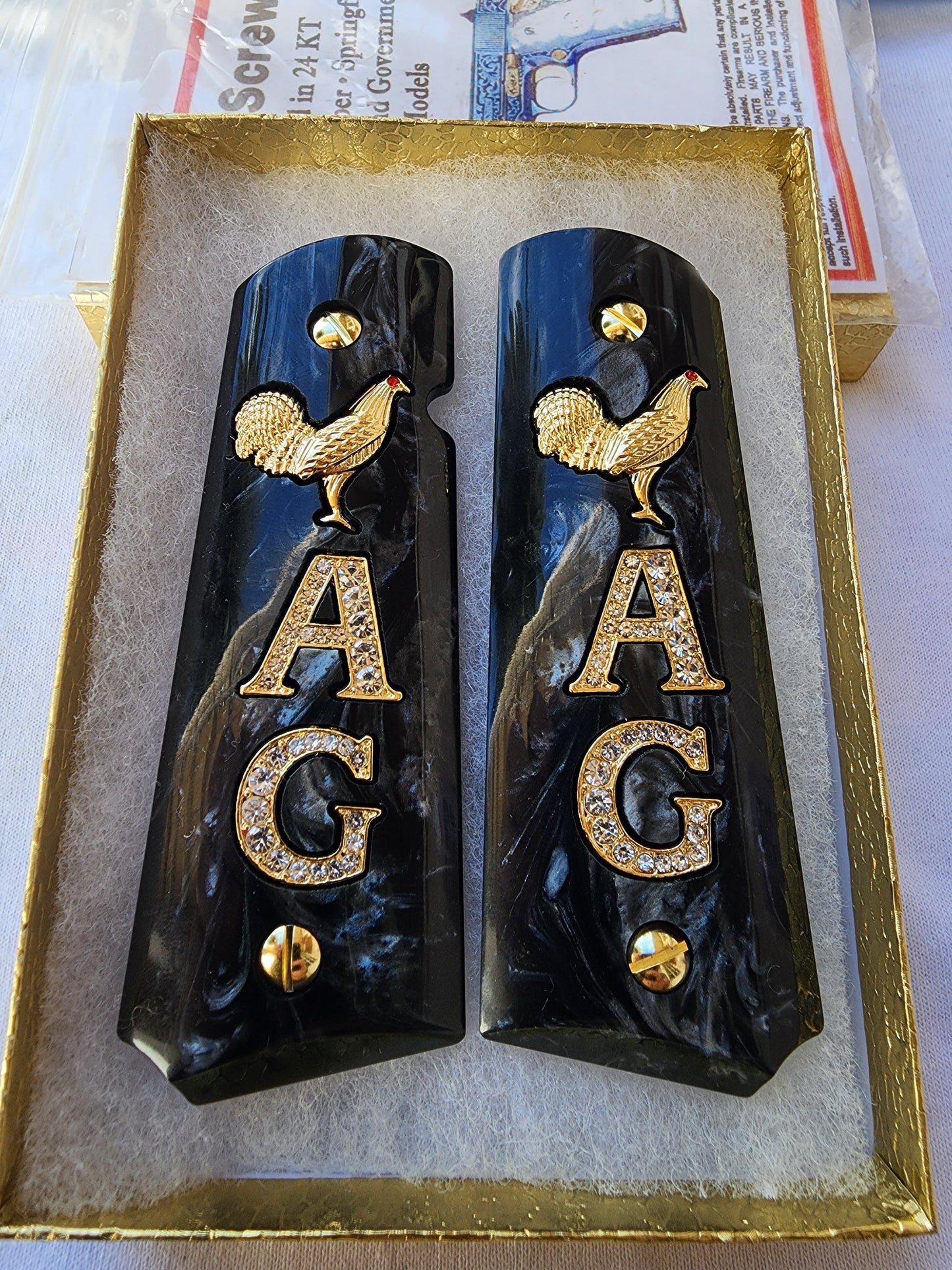 1911 "Rooster" “A” “G” 24k Gold Plated Inlayed CZ stones Grips  Black Pearl