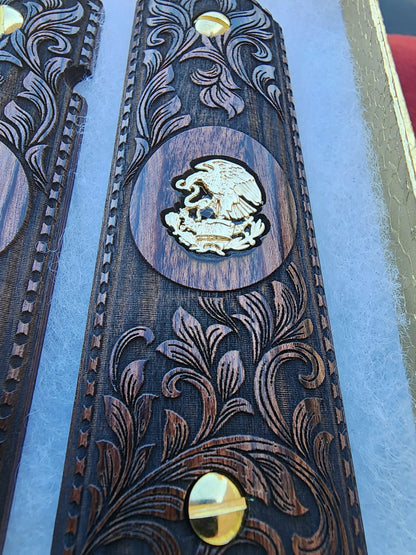 Custom Engraved 1911 Pistol Grips Mexican Eagle Medallion Walnut Wood Gold Plated Screws
