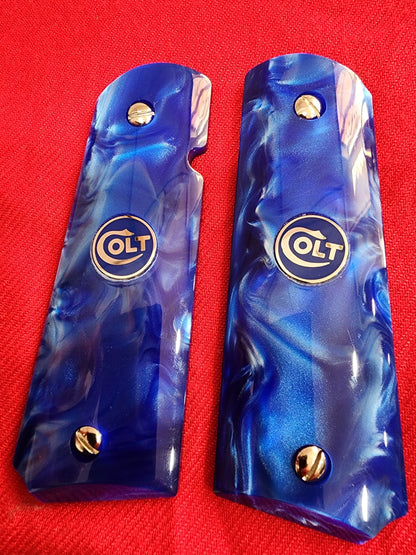 Colt 1911 Royal Blue Swirl Pearlite Grips Silver Medallion Inlay
