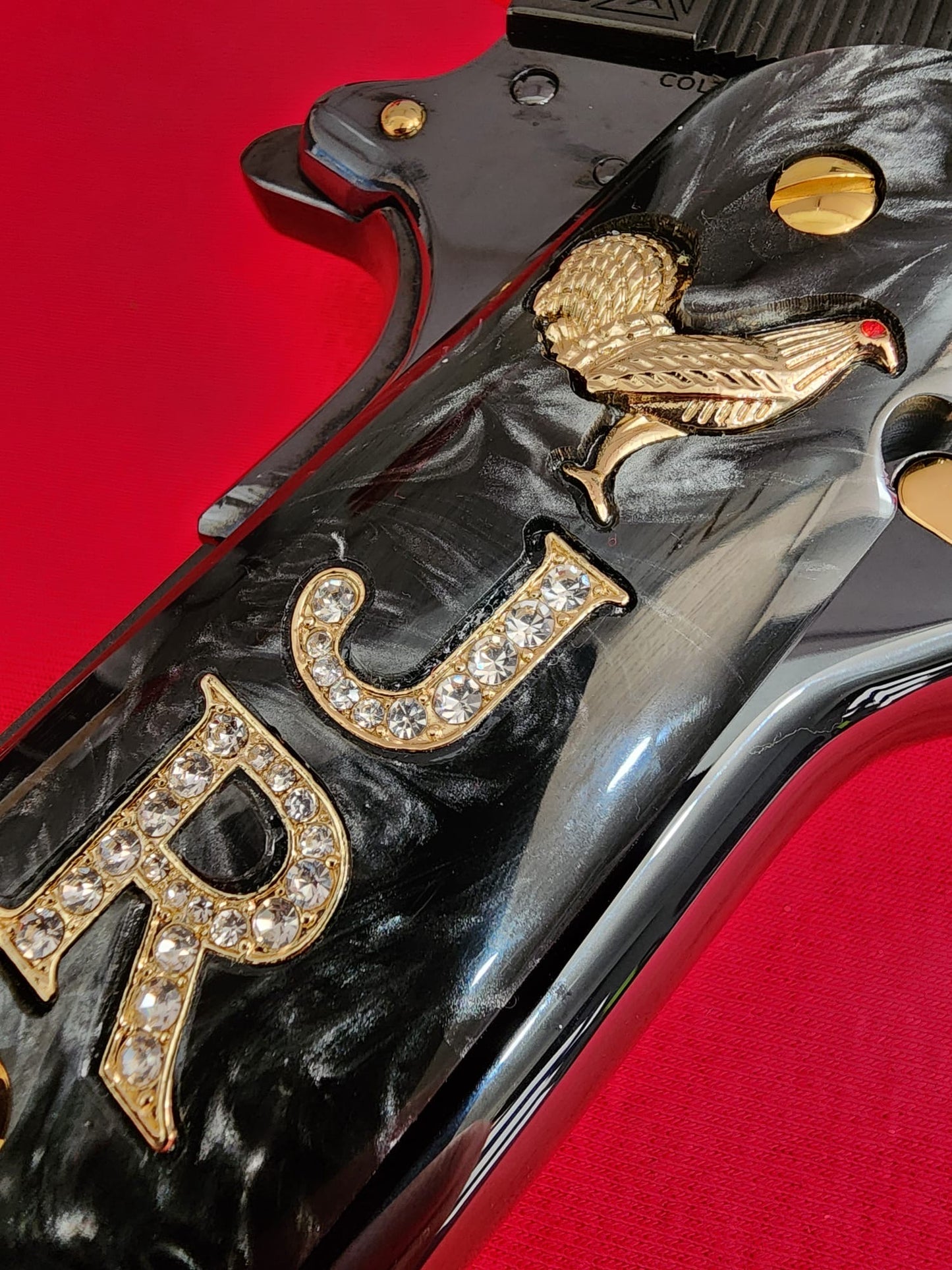 1911 White Pearlite Grips Gold plated “J” Rampant Horse “R” Inlays with 24K Gold Plated Screws