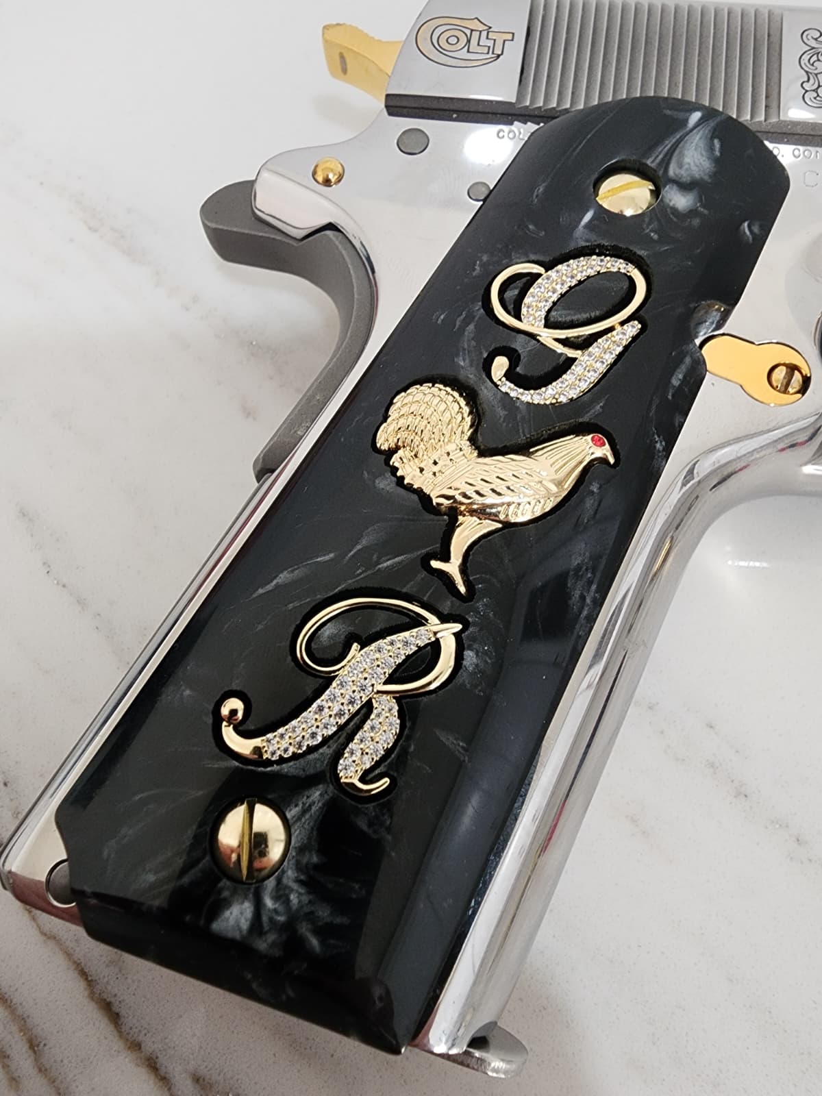 1911 "Rooster" “G” “R” 24k Gold Plated Inlayed CZ stones Grips  Black Pearl