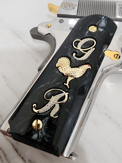 1911 "Rooster" “G” “R” 24k Gold Plated Inlayed CZ stones Grips  Black Pearl