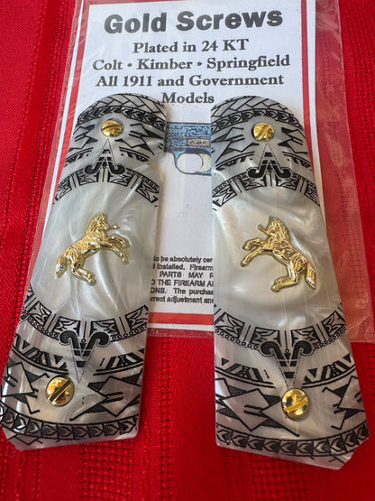 1911 Colt Gold-Plated Horse Grips – Pearl with Aztec Motif Engraving (.45 ACP / .38 Super) – Rare