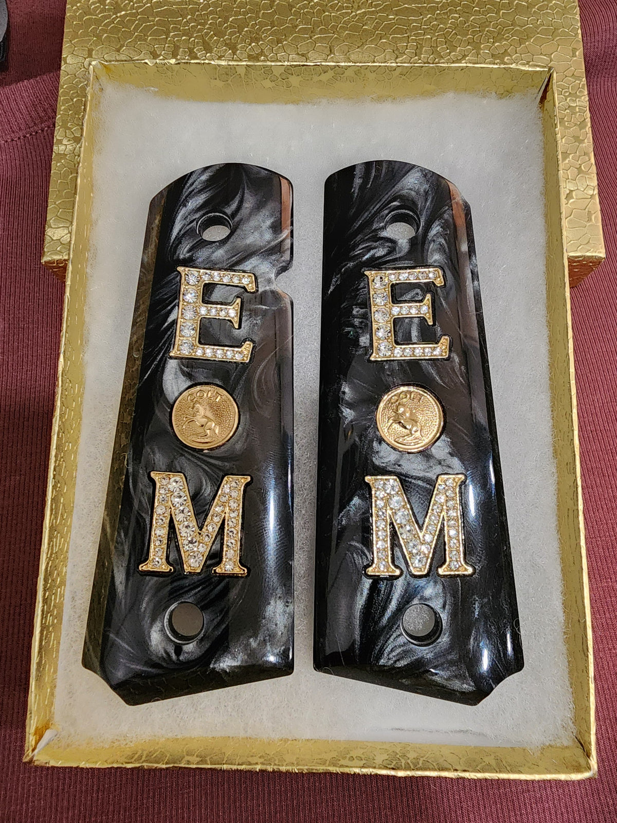 1911 Black Pearlite with Original Colt Medallion Crystal “E” “M” Grips –Custom 1911 Grips