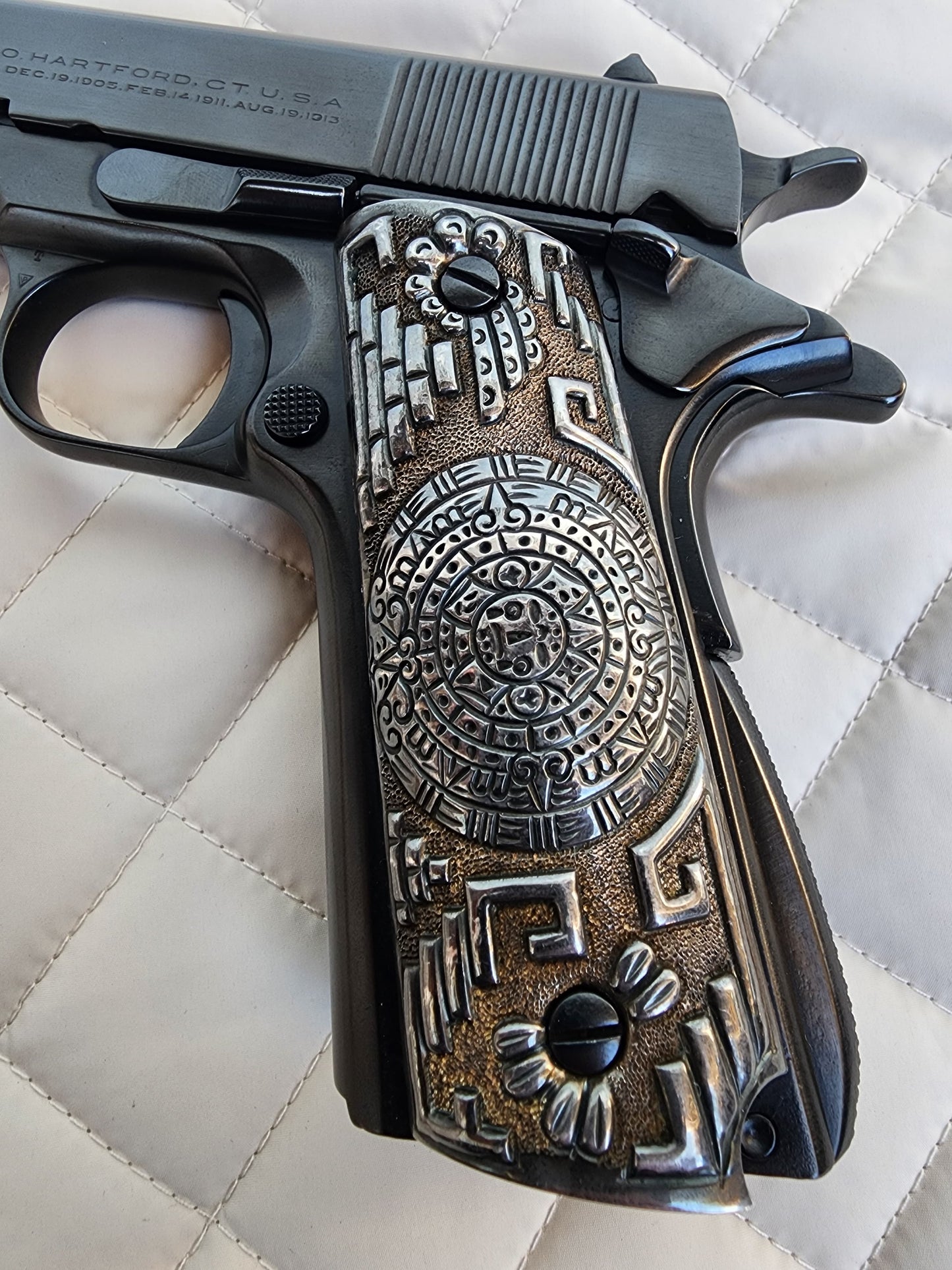 *EXTREMELY RARE*  Genuine 9.25 Sterling Silver 1911 Pistol Grips – Aztec Calendar Design – 106g – Handcrafted Luxury Silver Mexican Vintage Engraved