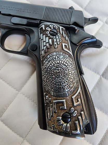 *EXTREMELY RARE*  Genuine 9.25 Sterling Silver 1911 Pistol Grips – Aztec Calendar Design – 106g – Handcrafted Luxury Silver Mexican Vintage Engraved