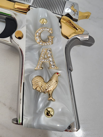 1911 "G” “Rooster” “A” 24k Gold Plated Inlayed CZ stones Grips Pearl