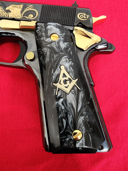 Custom 1911 Black Pearl Grips w/ Gold Plated  Masonic Emblem & Screws