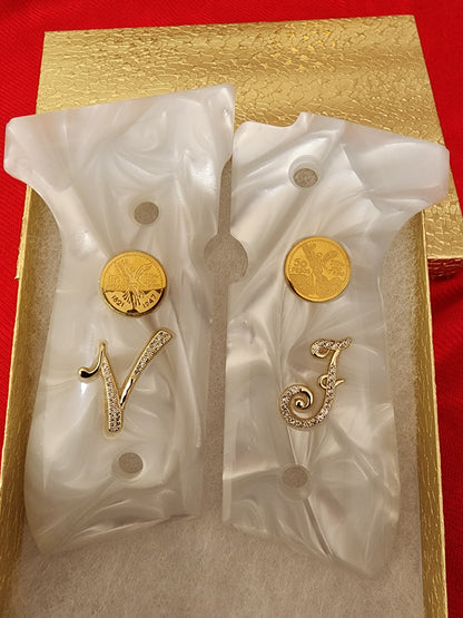 Beretta 92fs - “J” “V” with Mini gold-filled Centenario 24k Gold Plated Inlayed CZ stones - Pearlite Grips 96 Fs M9