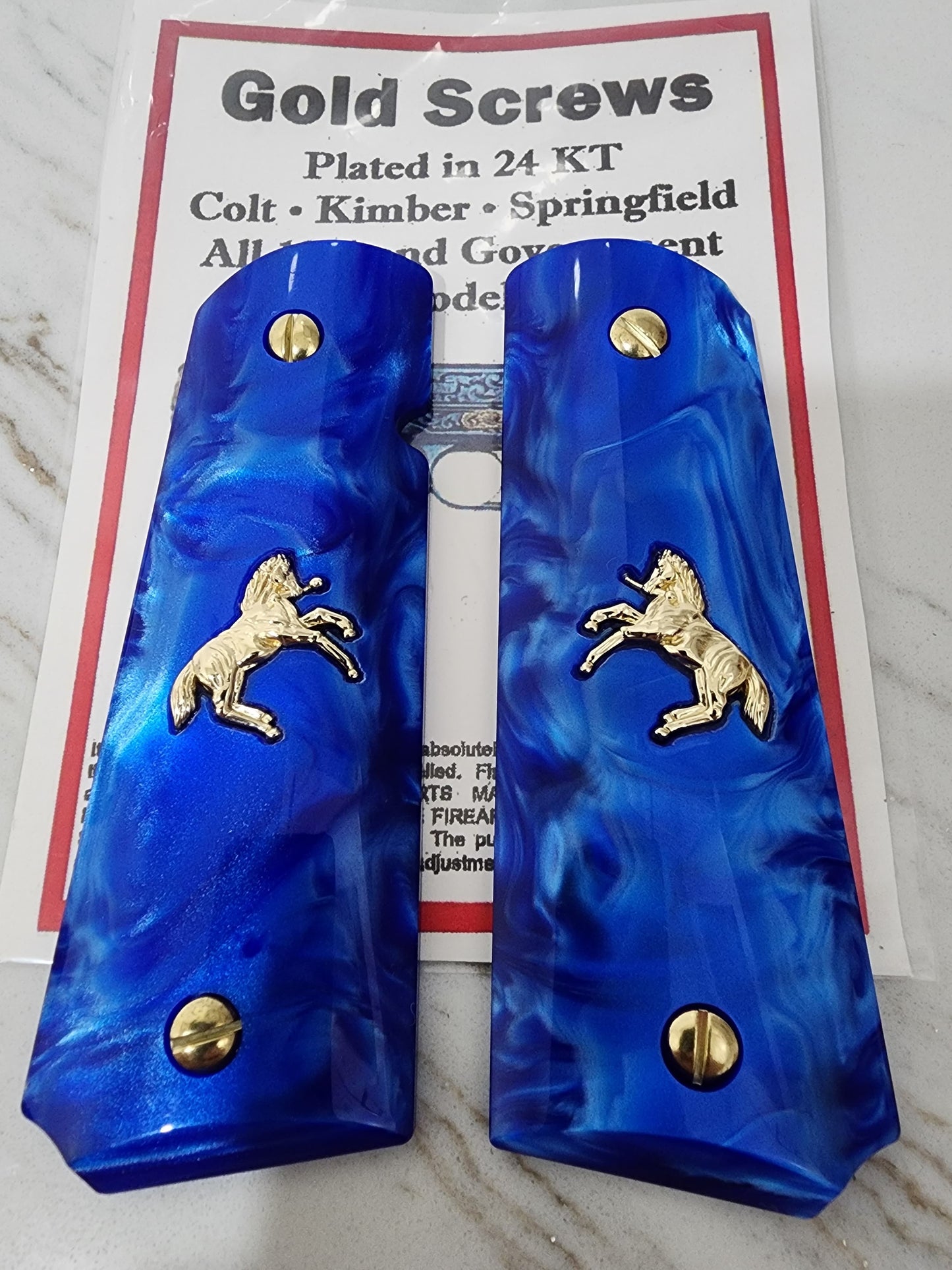1911 Grips – Royal Swirl Blue Pearl with Rampart Horse Emblem (24k Gold Screws)