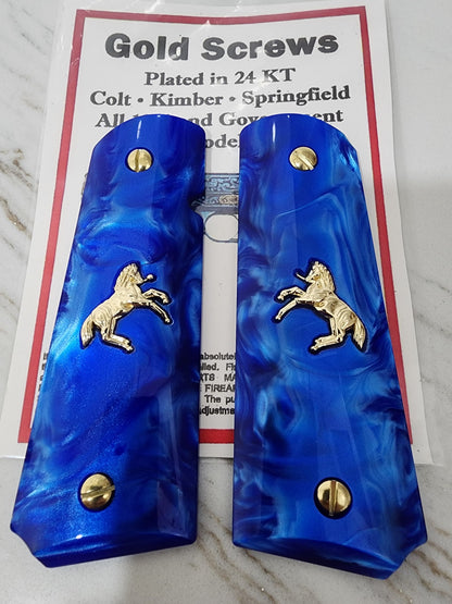 1911 Grips – Royal Swirl Blue Pearl with Rampart Horse Emblem (24k Gold Screws)