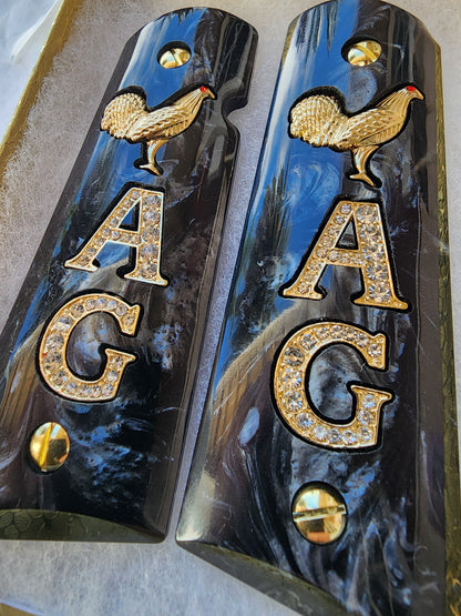 1911 "Rooster" “A” “G” 24k Gold Plated Inlayed CZ stones Grips  Black Pearl