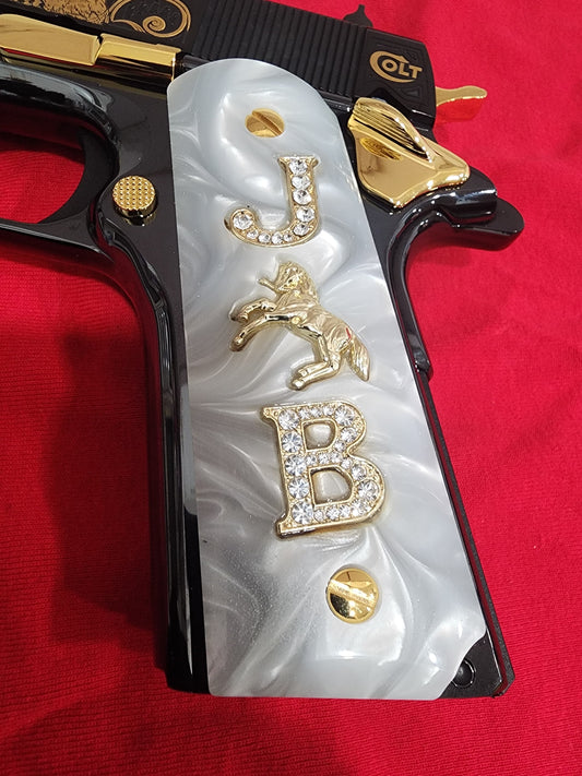 1911 White Pearlite Grips Gold plated “J” Horse “B” Inlays with 24K Gold Plated Screws