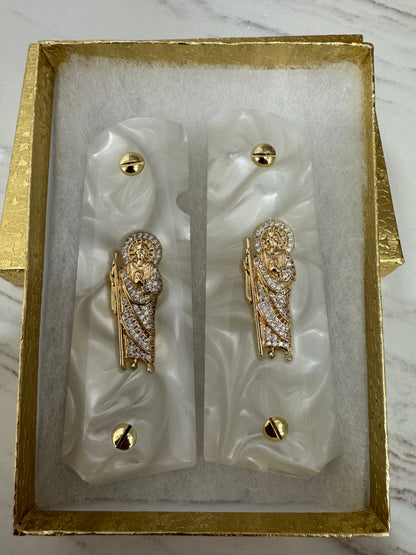 1911 Pearlite Grips San Judas White cz stone inlay 24k Gold Plated 45 acp 38 Super