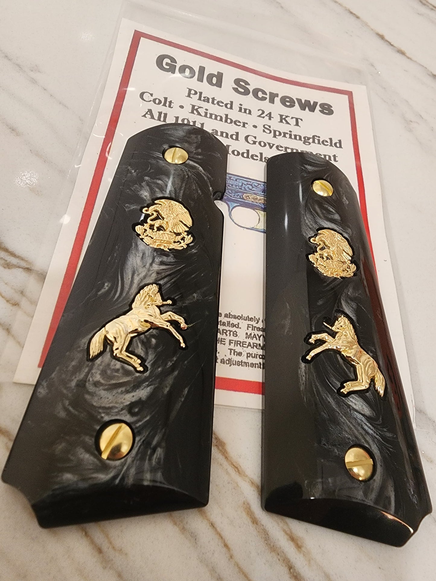1911 Black Pearl "Aguila" “Horse” 24k Gold Plated Grips  Pearl Grips