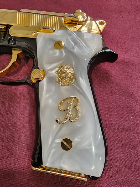 Beretta 92fs - Aguila “B” 24k Gold Plated Inlayed CZ stones - Pearlite Grips 96 Fs M9