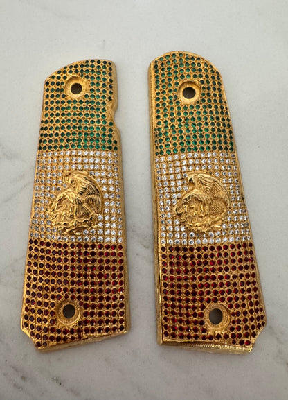 Mexican Flag 1911 Pistol Grips –  Moissanite   Inlay – Full-Size 1911