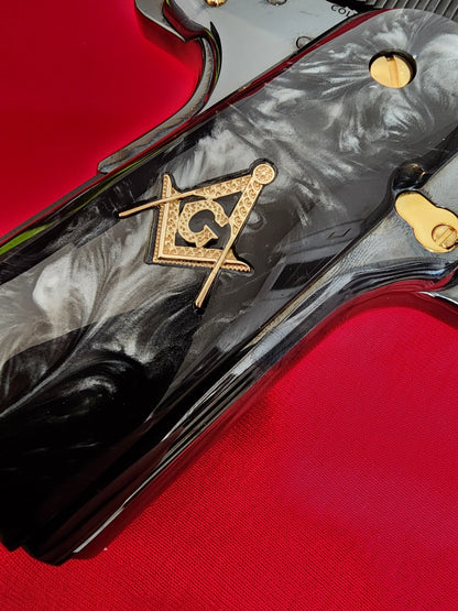 Custom 1911 Black Pearl Grips w/ Gold Plated  Masonic Emblem & Screws