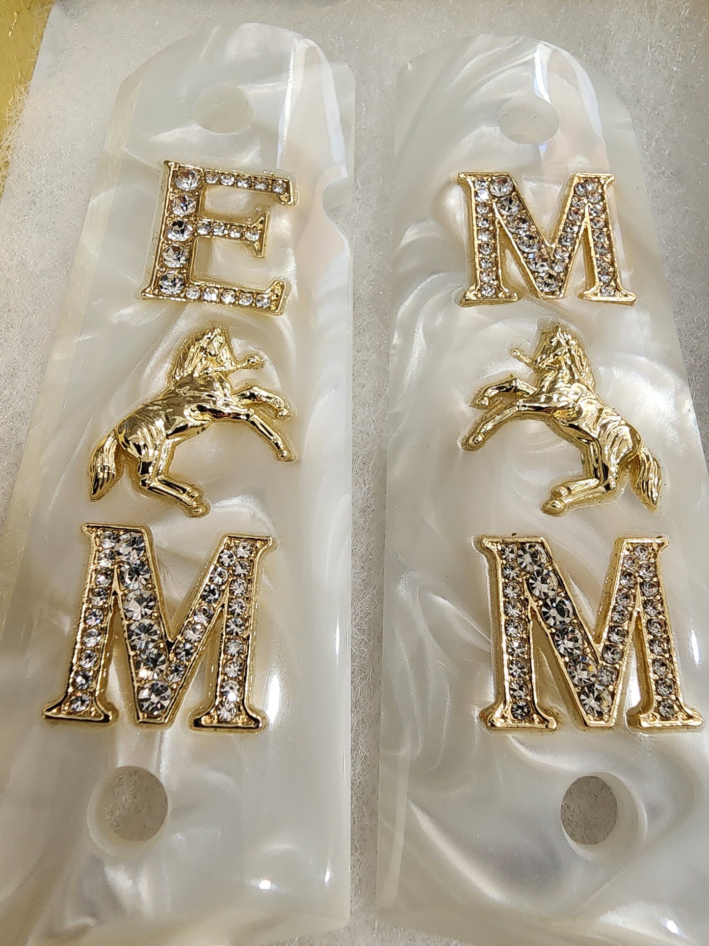 1911 White Pearlite Grips Gold plated “M” Rampant Horse “E” Inlays with 24K Gold Plated Screws