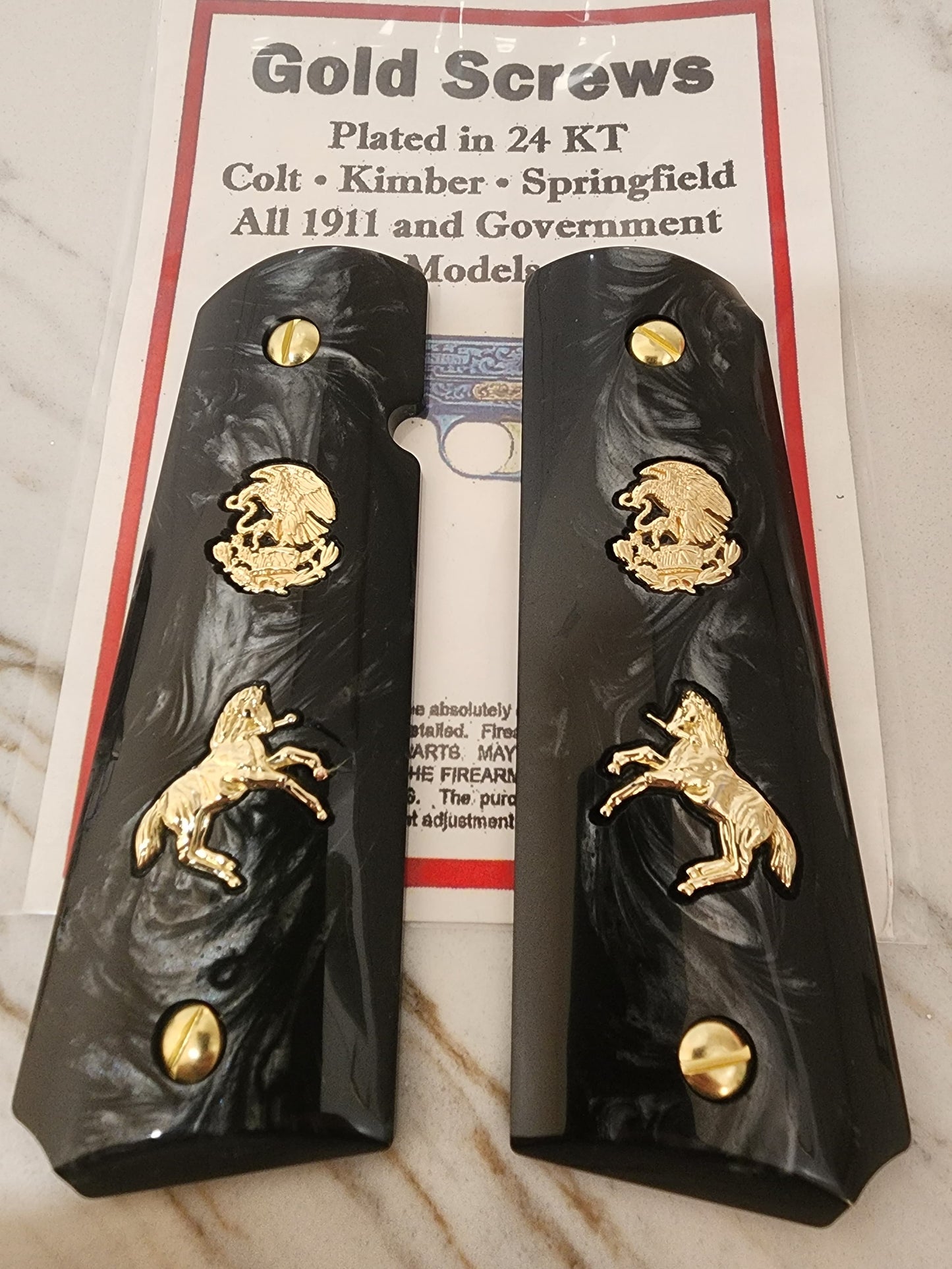1911 Black Pearl "Aguila" “Horse” 24k Gold Plated Grips  Pearl Grips