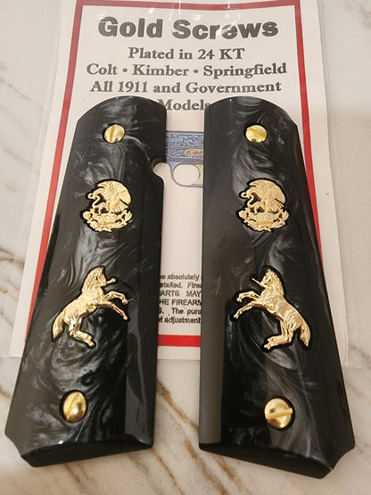 1911 Black Pearl "Aguila" “Horse” 24k Gold Plated Grips  Pearl Grips