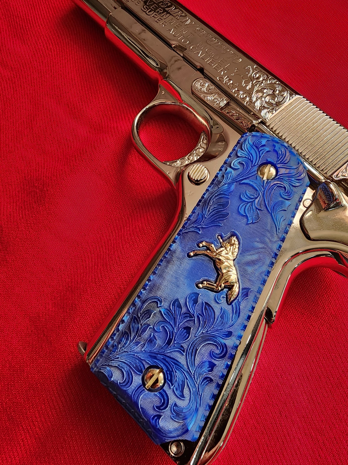 1911 Grips  Engraved Royal Swirl Blue Pearl with Rampart Horse Emblem (24k Gold Screws)