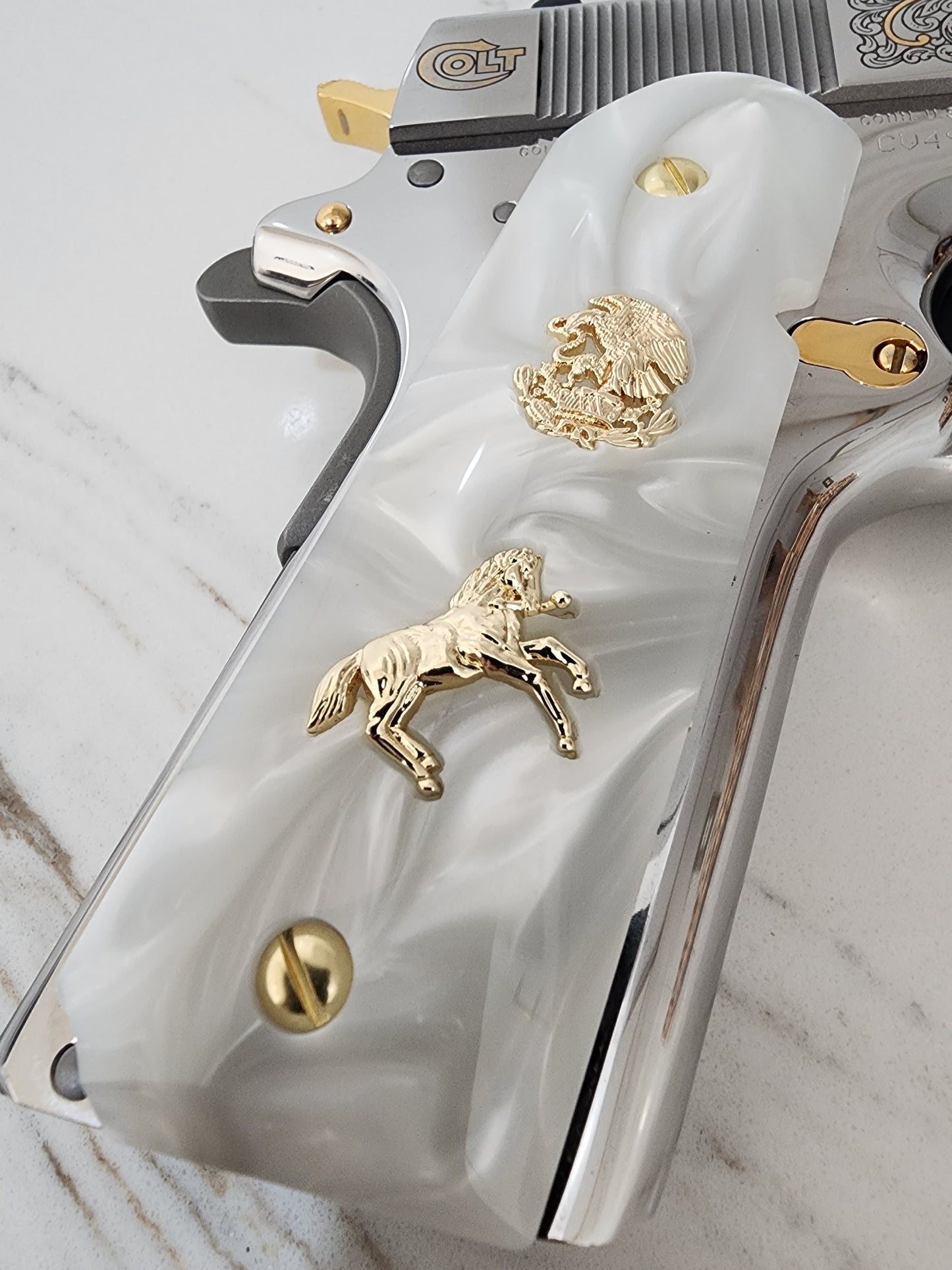1911 "Aguila" “Horse” 24k Gold Plated Grips  Pearl Grips