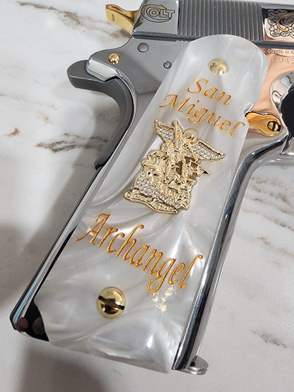 1911 White Pearlite Grip San Miguel Archangel Plated with CZ stones – Government Model Full Size