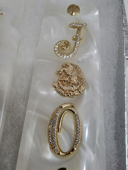 1911 White Pearlite Grips with Gold Plated Mexican Eagle, CZ Crystal “J” & “O” Initials – Fits Full Size Government & Commander 1911 .45 ACP / .38 Super