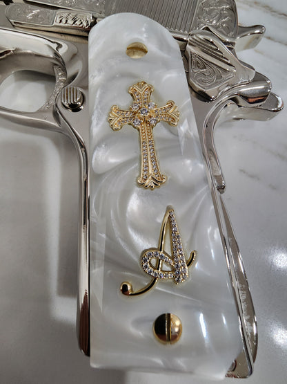 Custom 1911 White Pearlite Grips with Gold Plated Cross CZ & Crystal “A” Initial – Fits Full Size Government & Commander 1911 .45 ACP / .38 Super