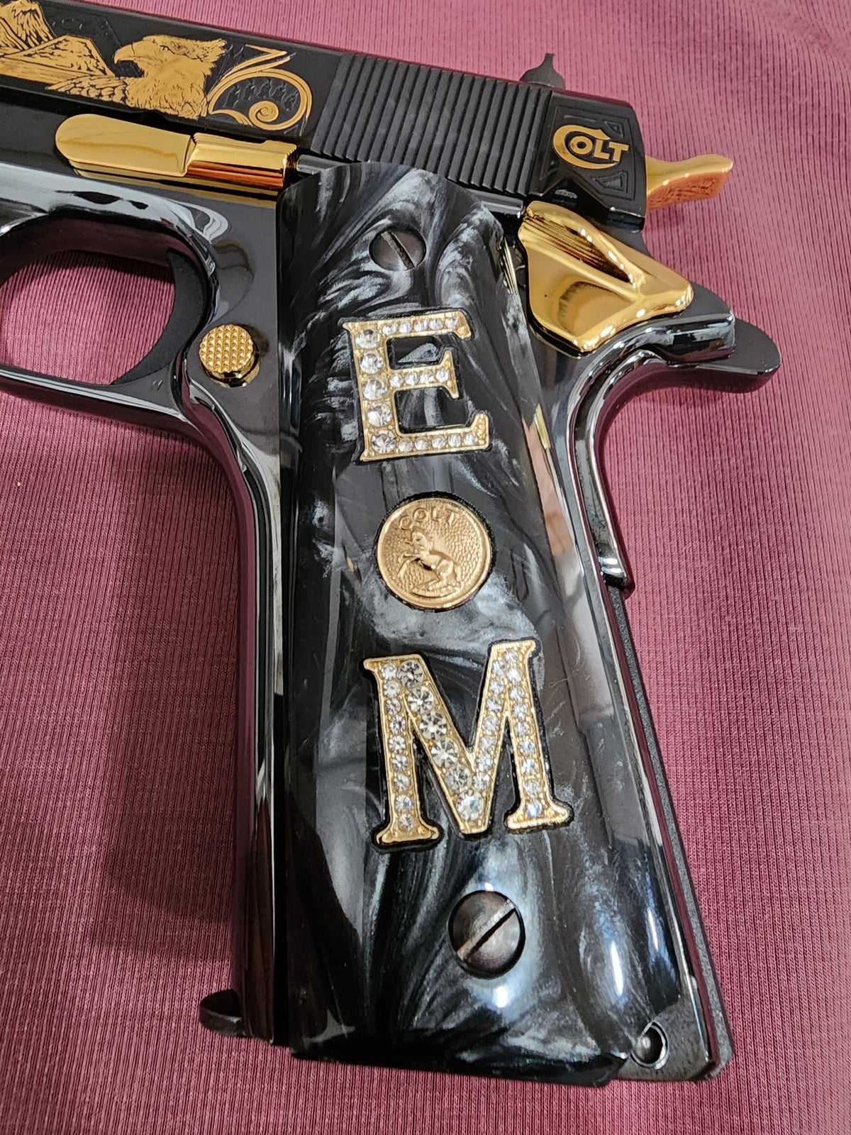 1911 Black Pearlite with Original Colt Medallion Crystal “E” “M” Grips –Custom 1911 Grips