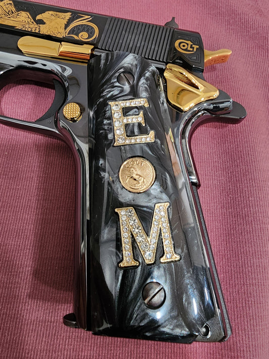 1911 Black Pearlite with Original Colt Medallion Crystal “E” “M” Grips –Custom 1911 Grips