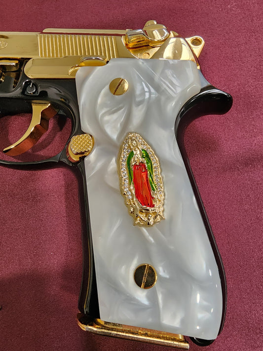 Beretta engraved Virgin De Guadalupe CZ-style crystal border 24k Gold Plated Inlayed Grips  White Pearl Grips 92 Fs 96 Fs M9