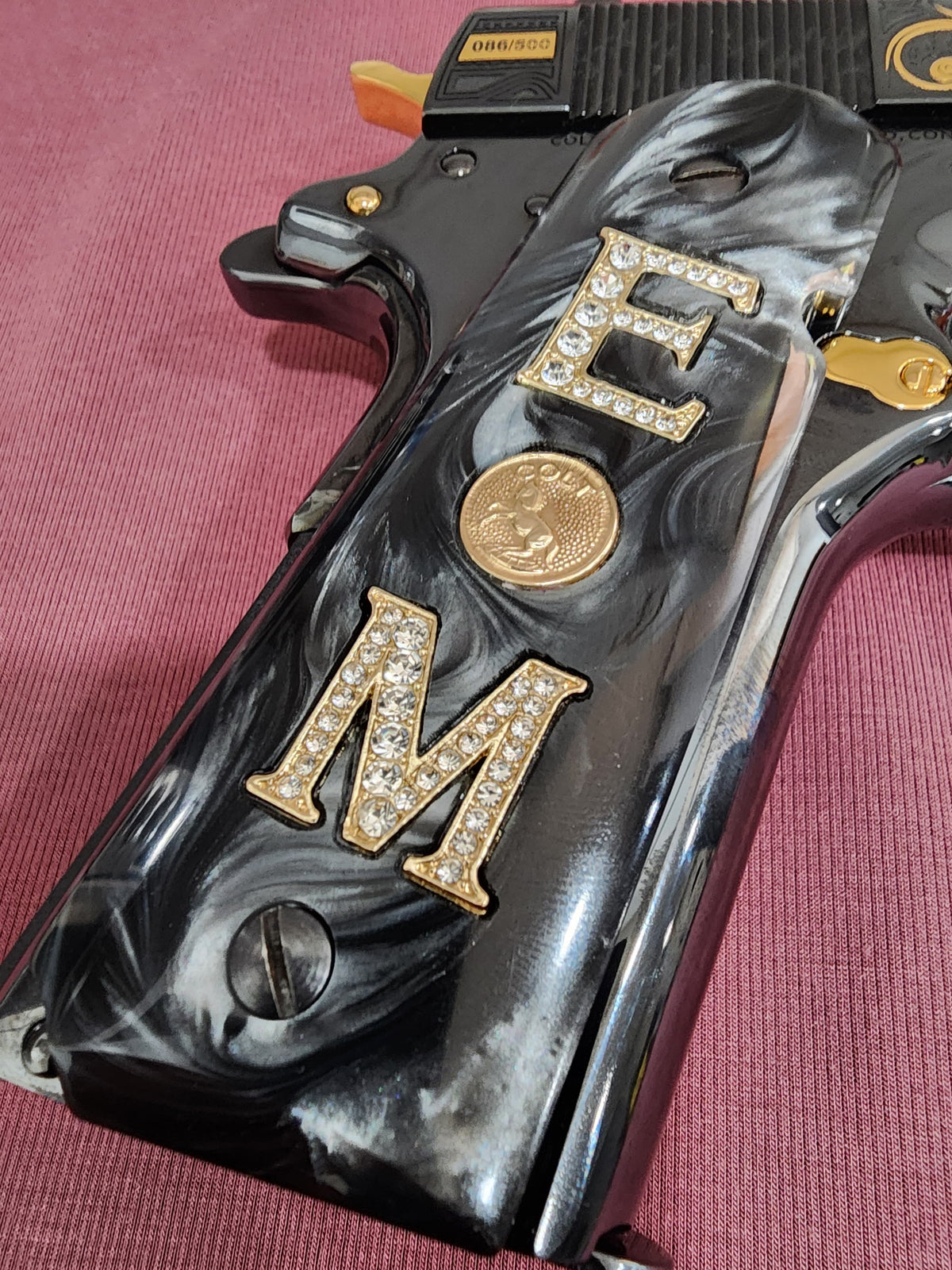 1911 Black Pearlite with Original Colt Medallion Crystal “E” “M” Grips –Custom 1911 Grips