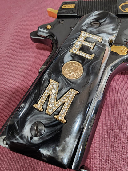 1911 Black Pearlite with Original Colt Medallion Crystal “E” “M” Grips –Custom 1911 Grips