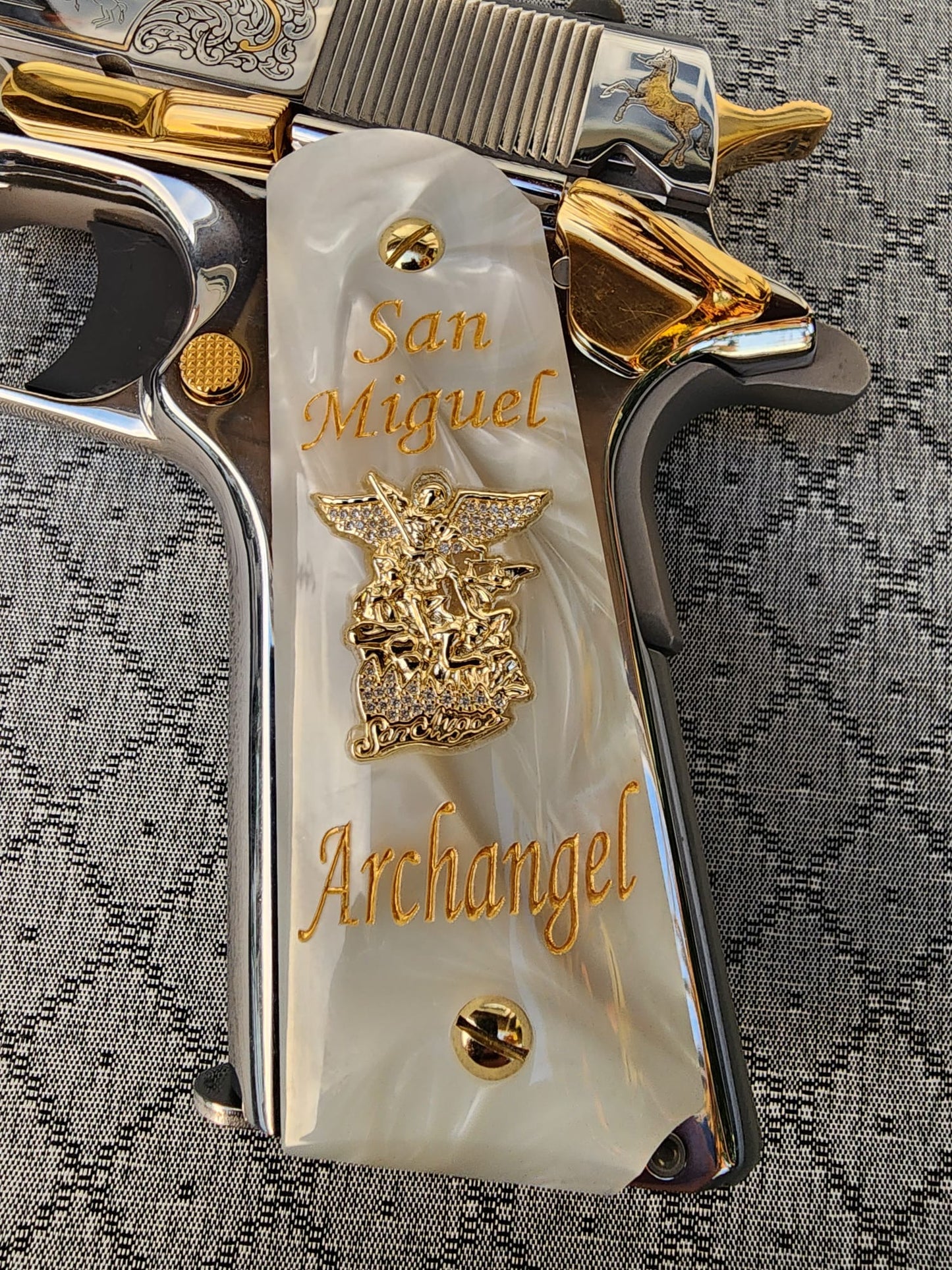 1911 White Pearlite Grip San Miguel Archangel Plated with CZ stones – Government Model Full Size