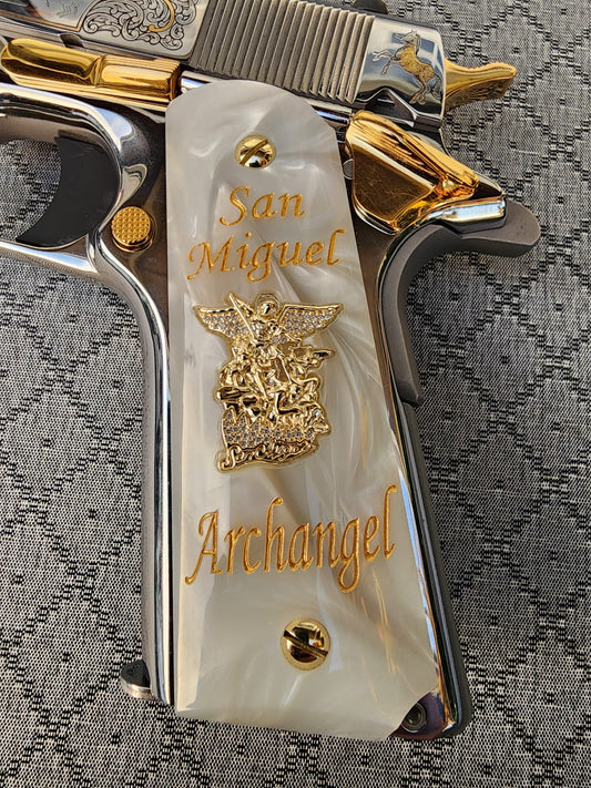 1911 White Pearlite Grip San Miguel Archangel Plated with CZ stones – Government Model Full Size