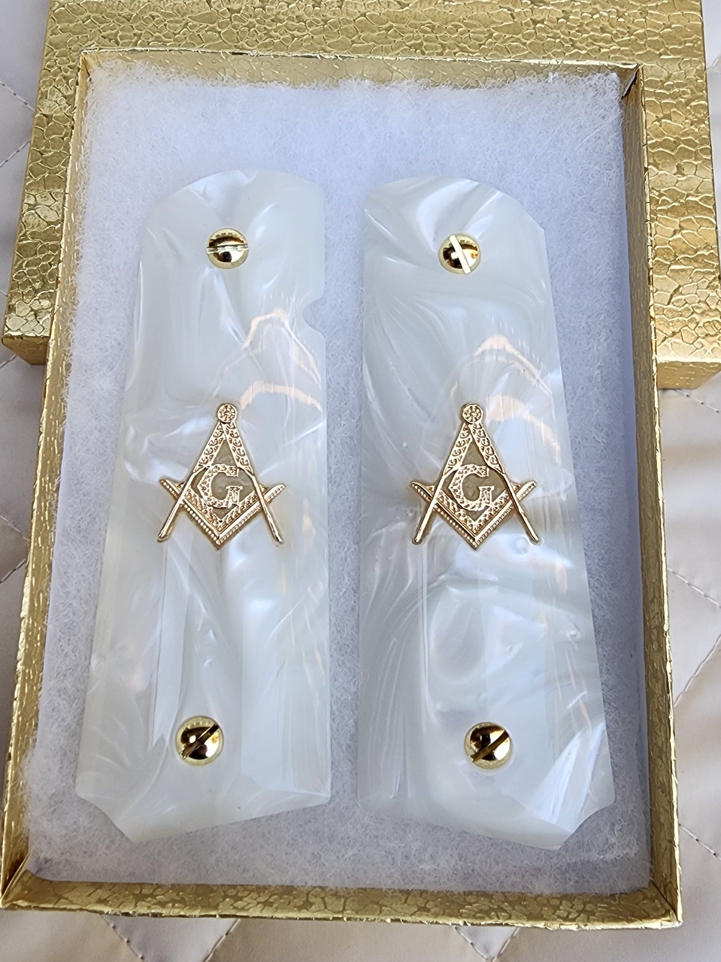 Custom 1911 White Pearl Grips w/ Gold Plated  Masonic Emblem & Screws
