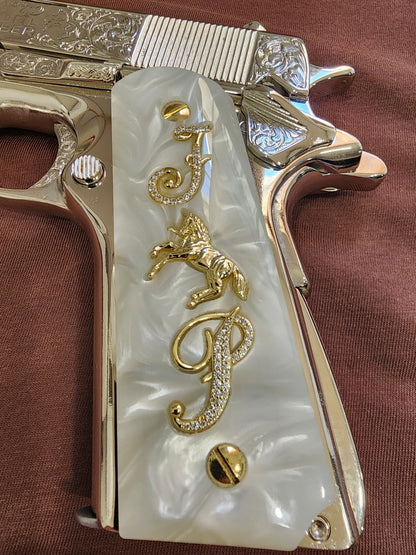 1911 White Pearlite Rampant Horse Gold Plated & Crystal “J & P” Grips – Custom Grips Inlays with 24K Gold Plated Screws