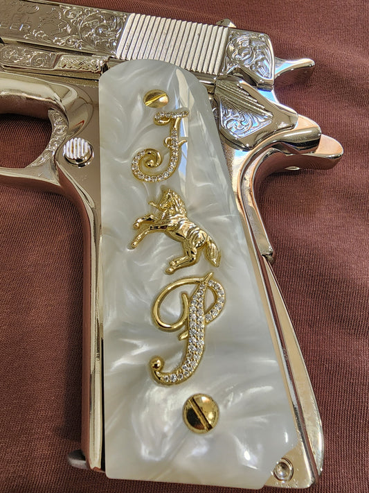 1911 White Pearlite Rampant Horse Gold Plated & Crystal “J & P” Grips – Custom Grips Inlays with 24K Gold Plated Screws